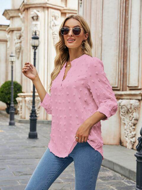 Swiss Dot Notched Neck Blouse - Hovatok
