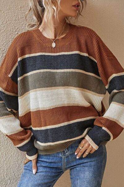 Contrast Striped Round Neck Long Sleeve Sweater - Hovatok