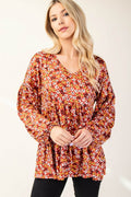 Celeste Full Size Floral V-Neck Balloon Sleeve Blouse - Hovatok