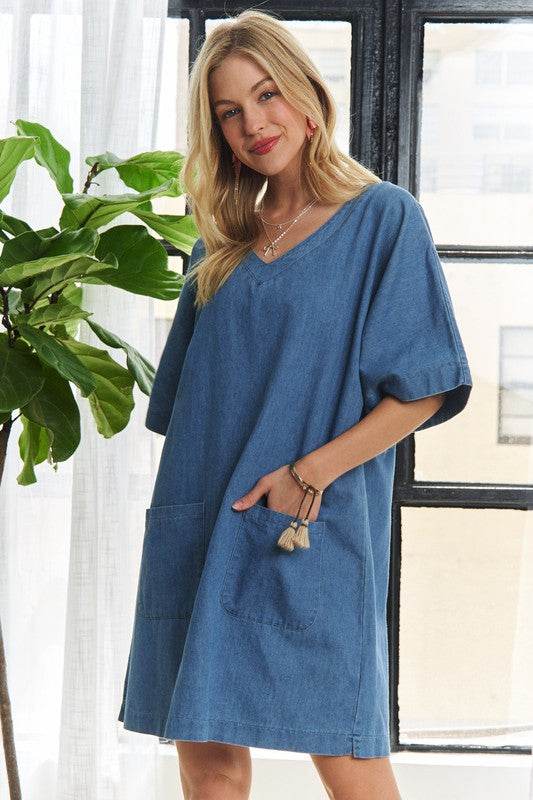 ADORA V-Neck Half Sleeve Mini Denim Dress - Hovatok