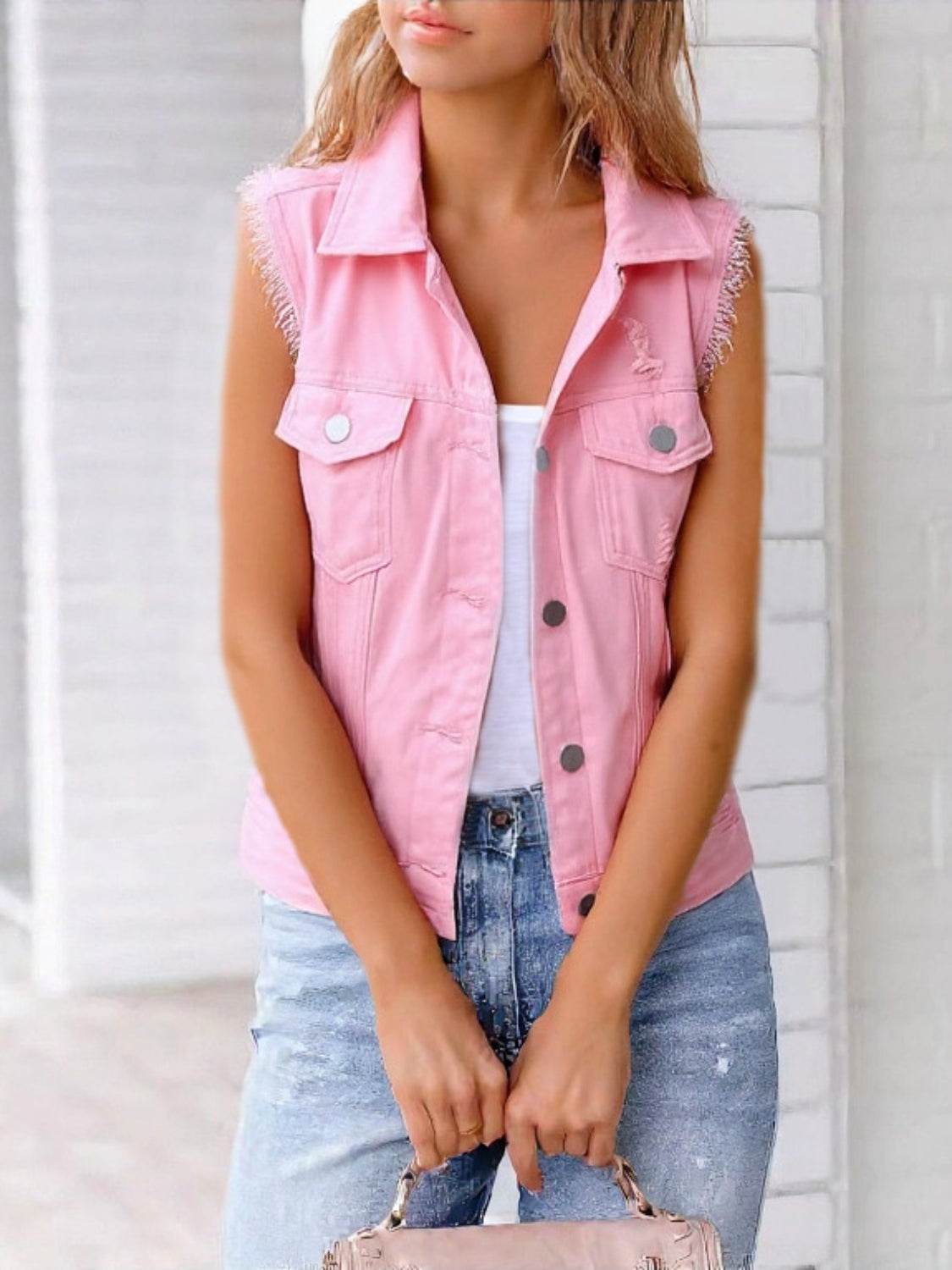Full Size Button Down Raw Hem Sleeveless Denim Jacket Plus Size - Hovatok