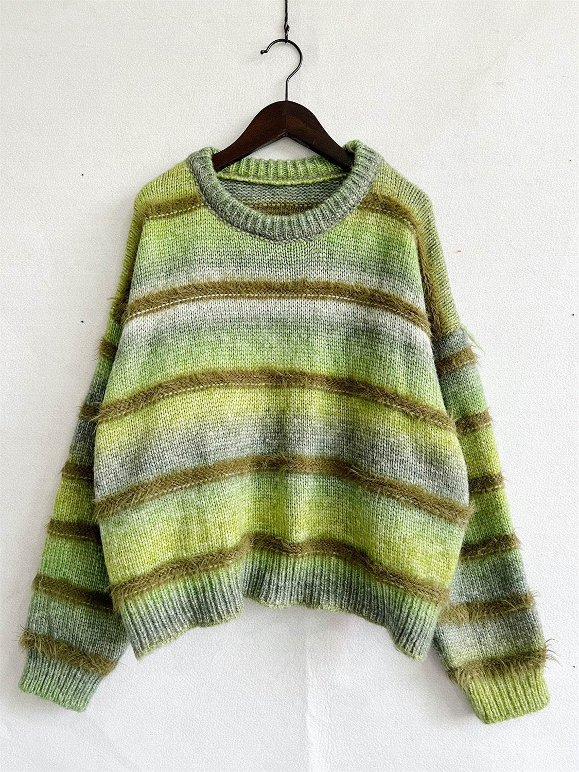 Striped Round Neck Long Sleeve Sweater - Hovatok