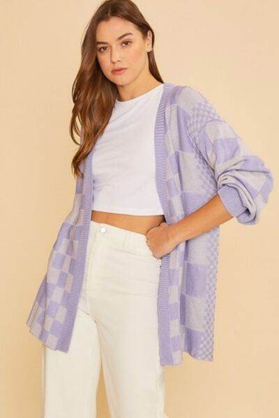 Annie Wear Checkered Open Front Drop Shoulder Cardigan - Hovatok