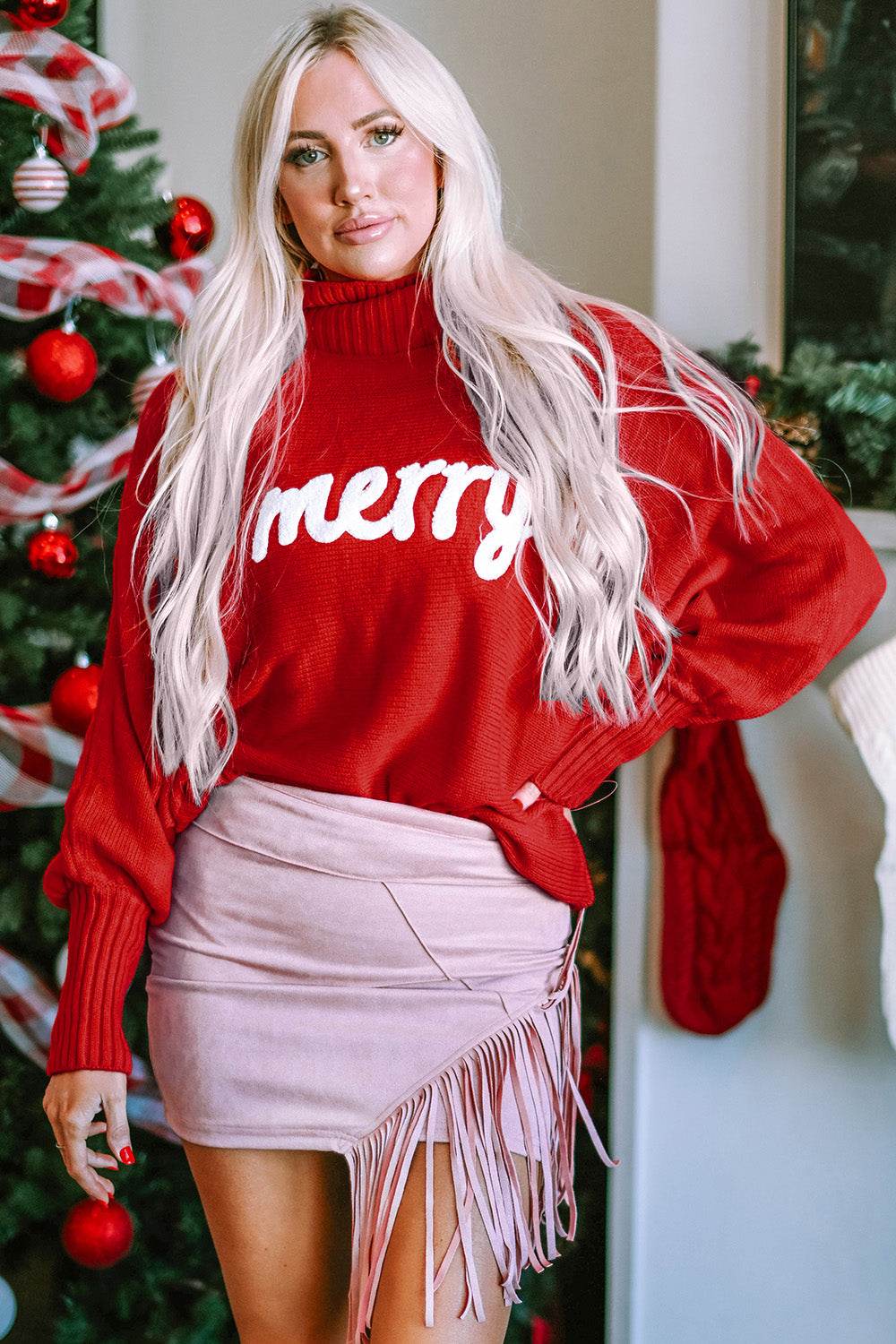 Double Take Full Size Merry Christmas Turtleneck Long Sleeve Sweater - Hovatok