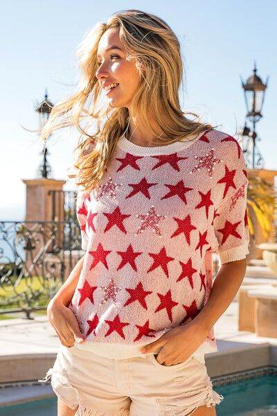 BiBi Star Pattern Round Neck Short Sleeve Knit Top - Hovatok