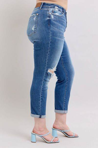 Judy Blue Full Size Button Fly Distressed Jeans with Pockets Plus Size - Hovatok