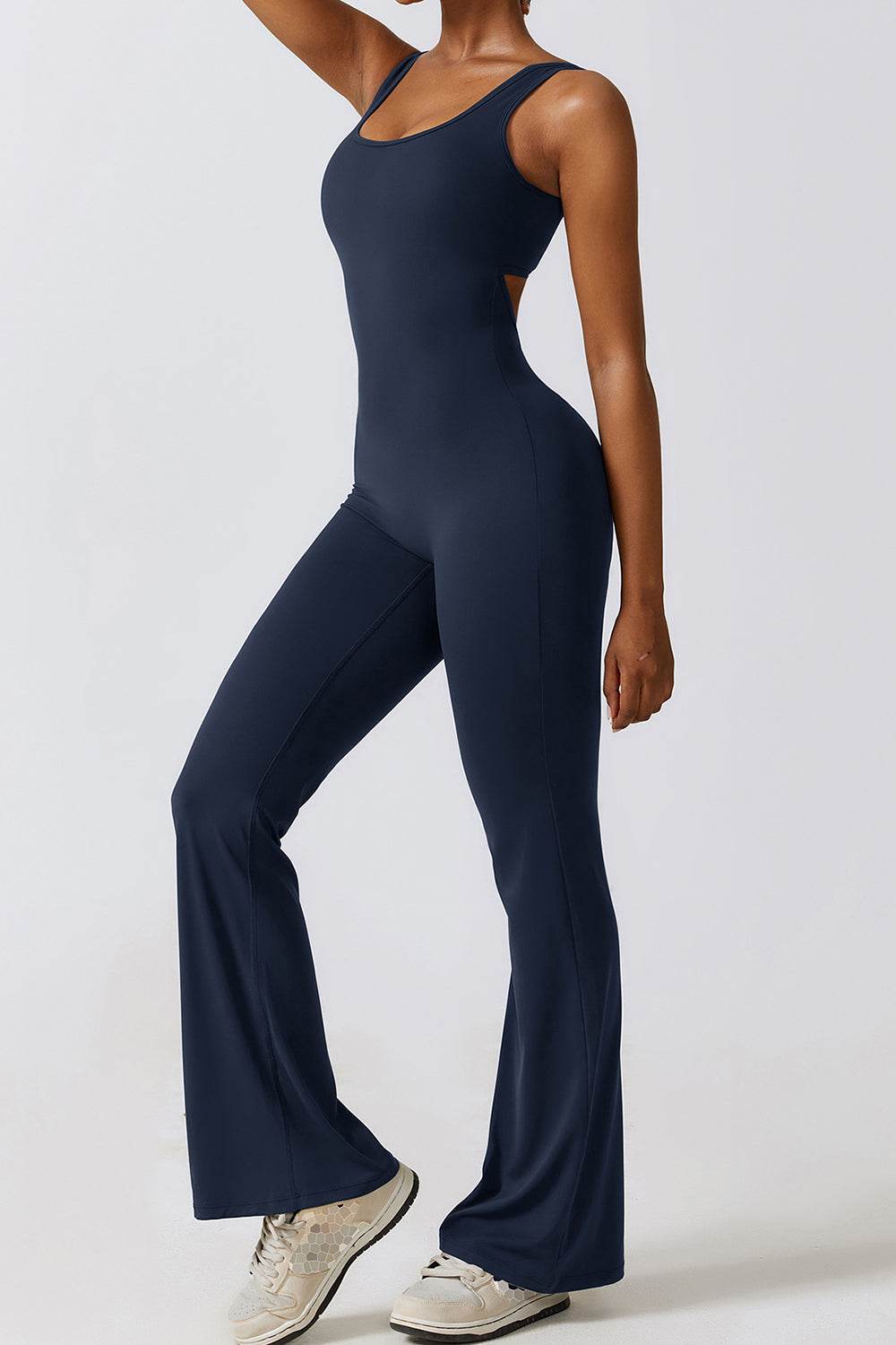 Basic Bae Cutout Ruched Bootcut Sleeveless Active Jumpsuit - Hovatok