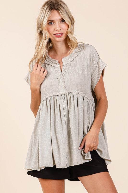 Mittoshop Mixed Media Mineral Wash Babydoll Short Sleeve Blouse - Hovatok