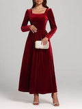 Velvet Square Neck Long Sleeve Dress - Hovatok