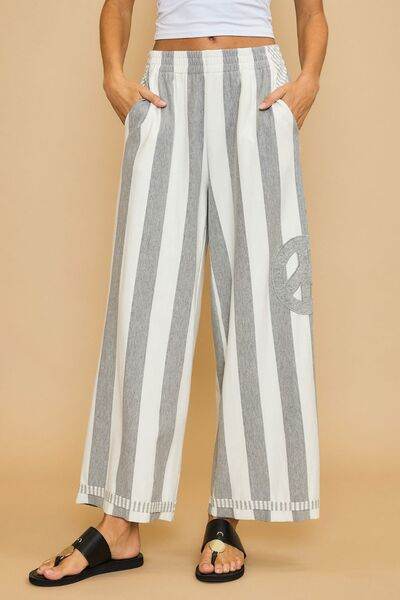 Umgee Peace Sign Patch Striped Wide Leg Pants - Hovatok