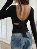 Devine Back Tie Square Neck Long Sleeve Top - Hovatok