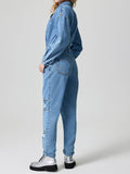 Distressed Button Down Drop Shoulder Denim Jumpsuit - Hovatok