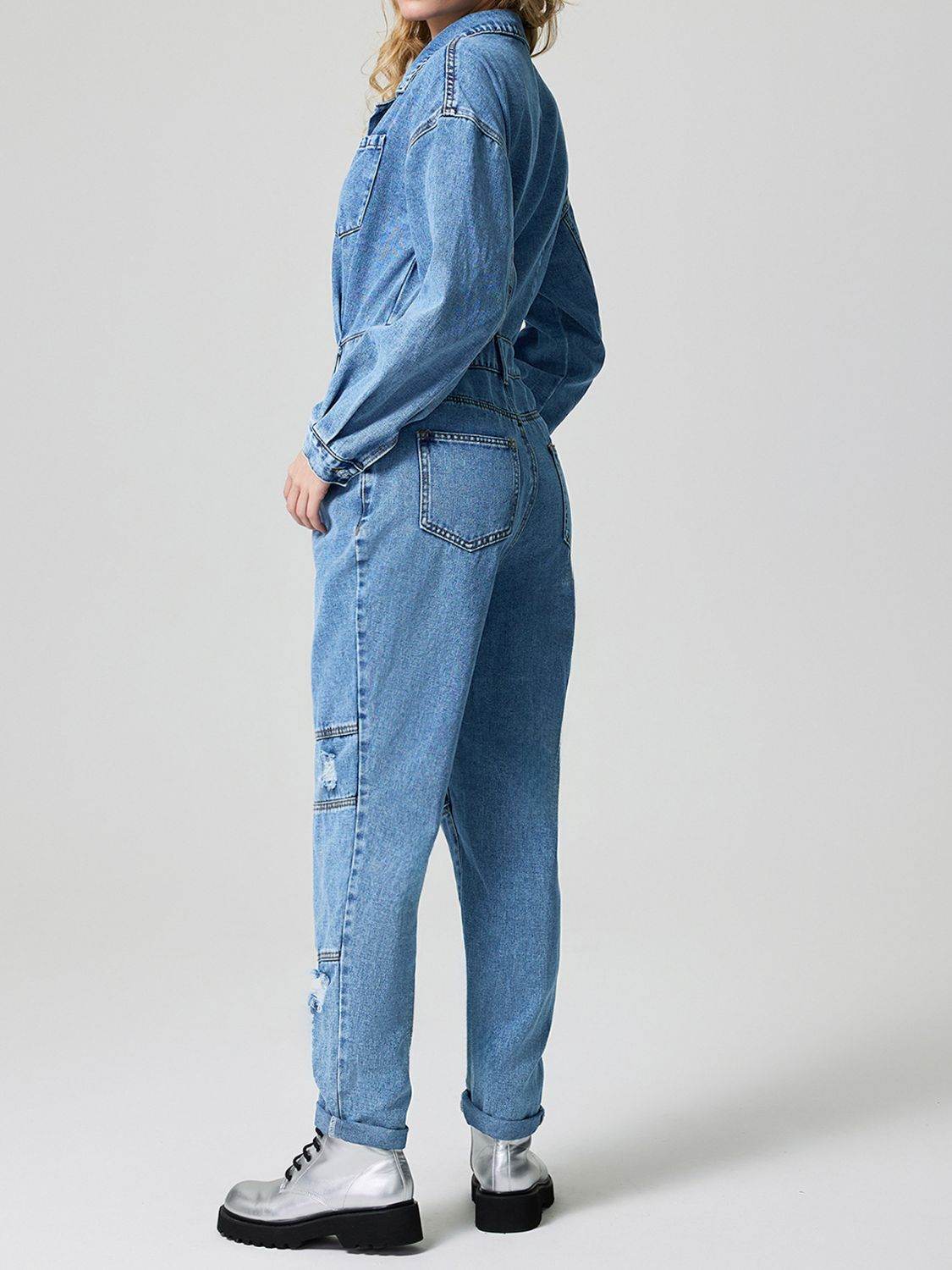 Distressed Button Down Drop Shoulder Denim Jumpsuit - Hovatok