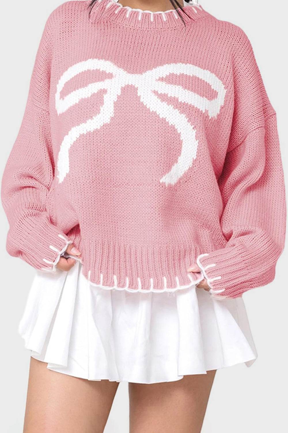 Bow Graphic Round Neck Long Sleeve Sweater - Hovatok