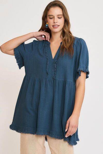 Umgee Full Size Raw Hem Notched Babydoll Linen Blouse Plus Size - Hovatok