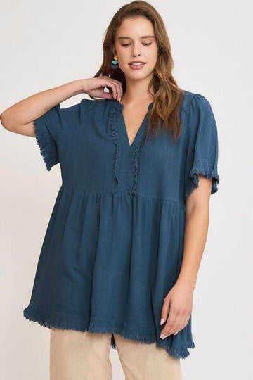 Umgee Full Size Raw Hem Notched Babydoll Linen Blouse Plus Size - Hovatok