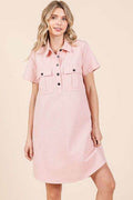 Mittoshop Button Detail Collared Neck Short Sleeve Shirt Dress - Hovatok