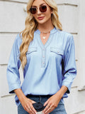 Notched Three-Quarter Sleeve Denim Top - Hovatok