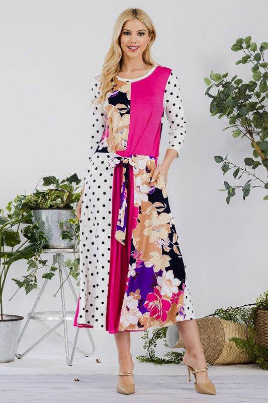 Celeste Full Size Multi Pattern Front Tie Midi Dress Plus Size - Hovatok