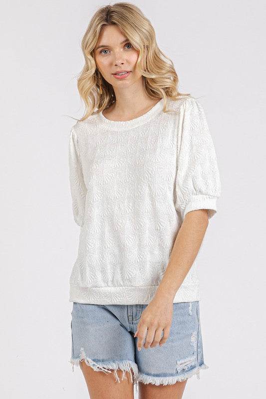Mittoshop Fan Shell Texture Short Puff Sleeve Knit Top - Hovatok