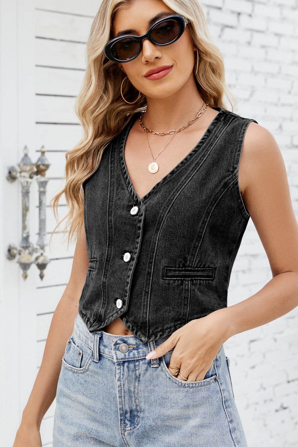 Button Down V-Neck Denim Vest - Hovatok