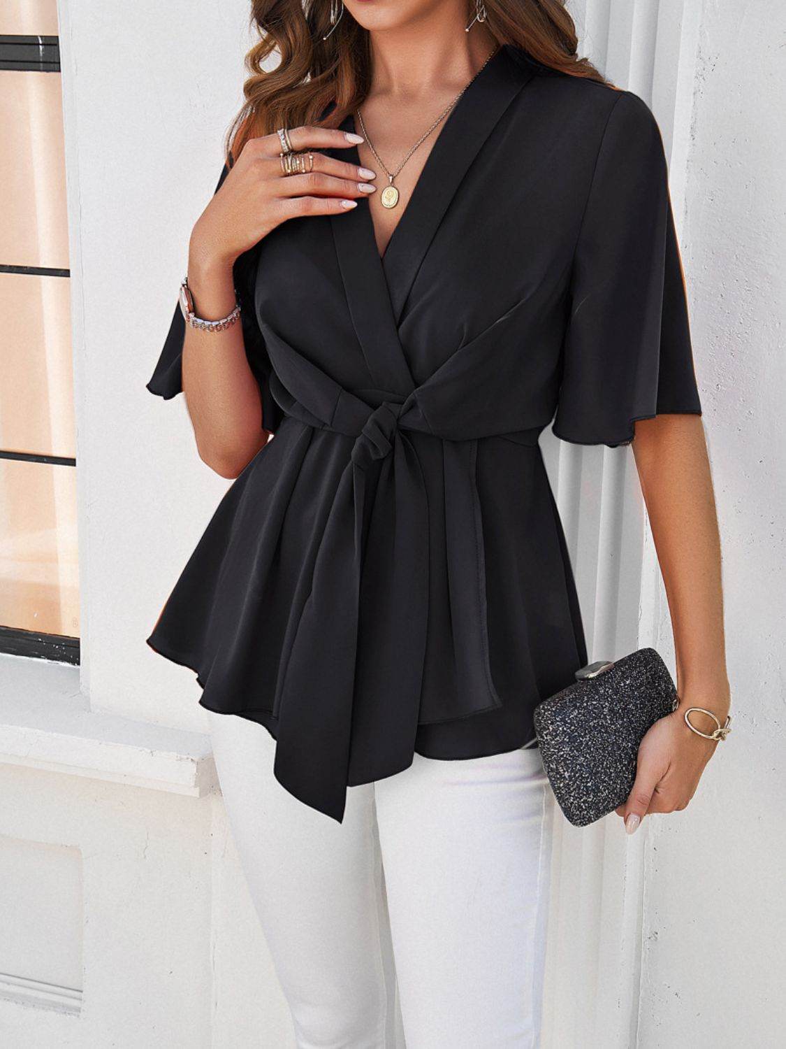 Devine Tied Front Peplum Blouse - Hovatok