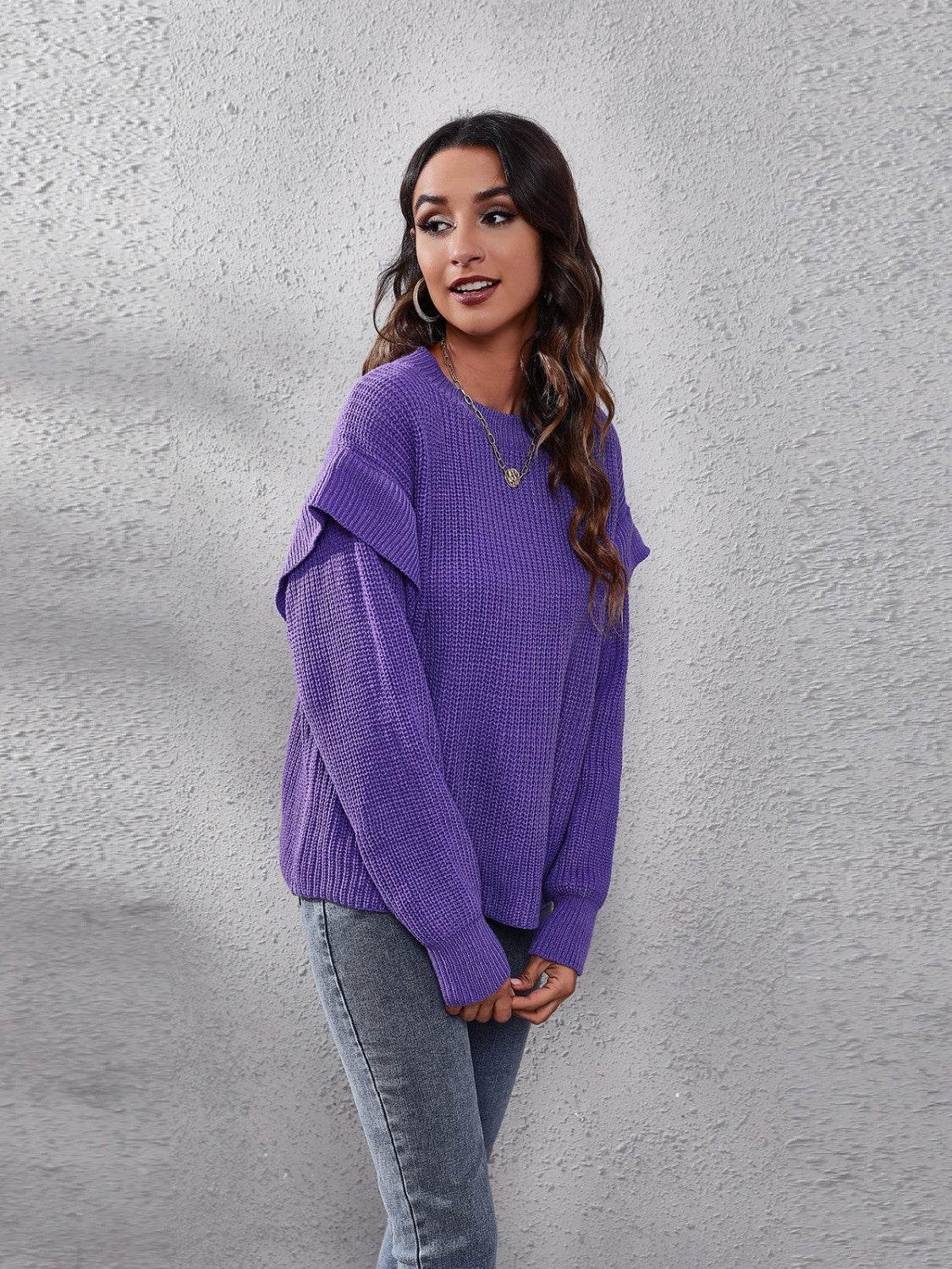 Ruffled Round Neck Dropped Shoulder Sweater - Hovatok