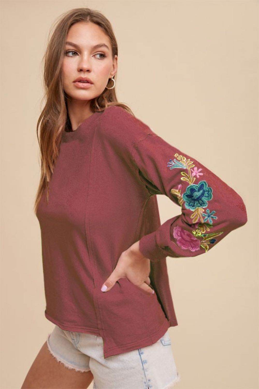 Annie Wear Embroidered Long Sleeve French Terry Top - Hovatok