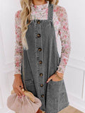 Wide Strap Button Down Denim Overall Dress - Hovatok