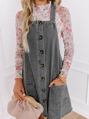 Wide Strap Button Down Denim Overall Dress - Hovatok