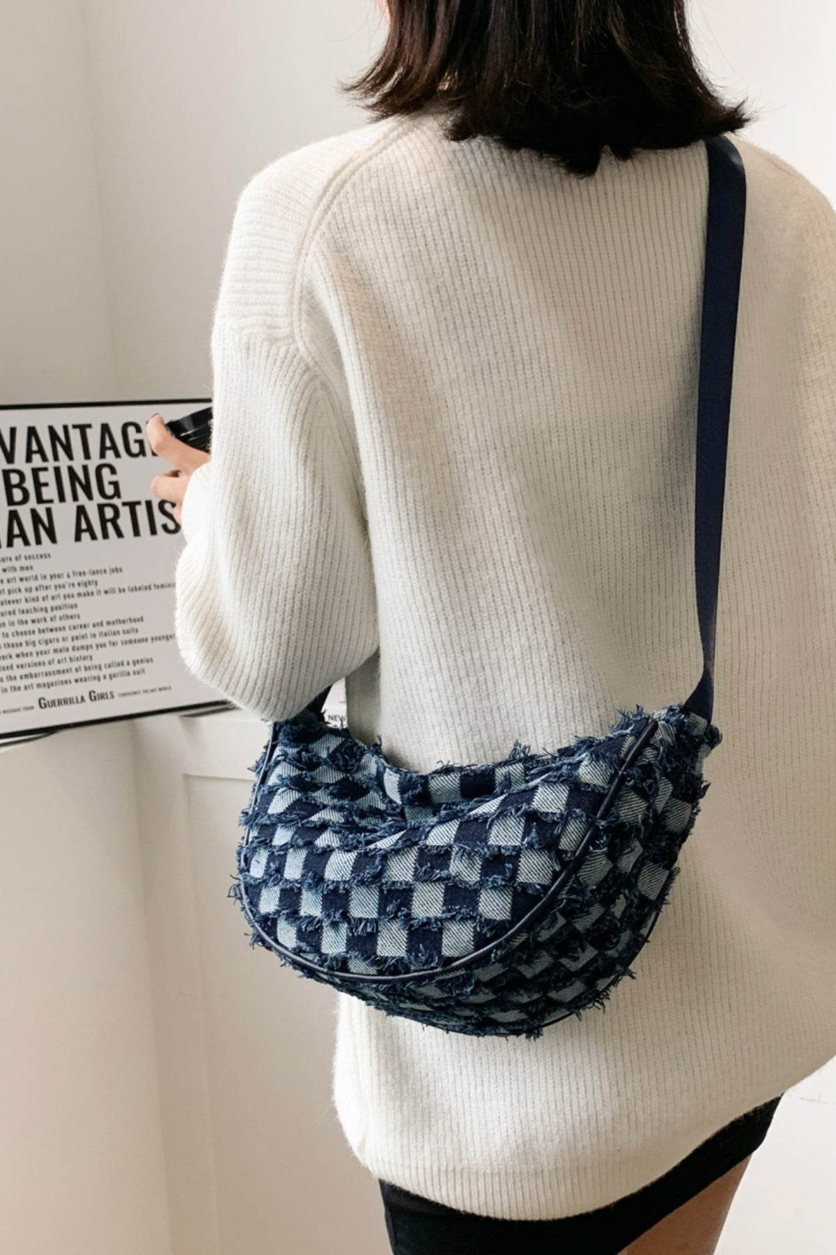 Raw Hem Checkered Denim Crossbody Bag - Hovatok