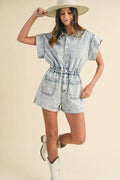 Annie Wear Elastic Waistband Short Sleeve Denim Romper - Hovatok