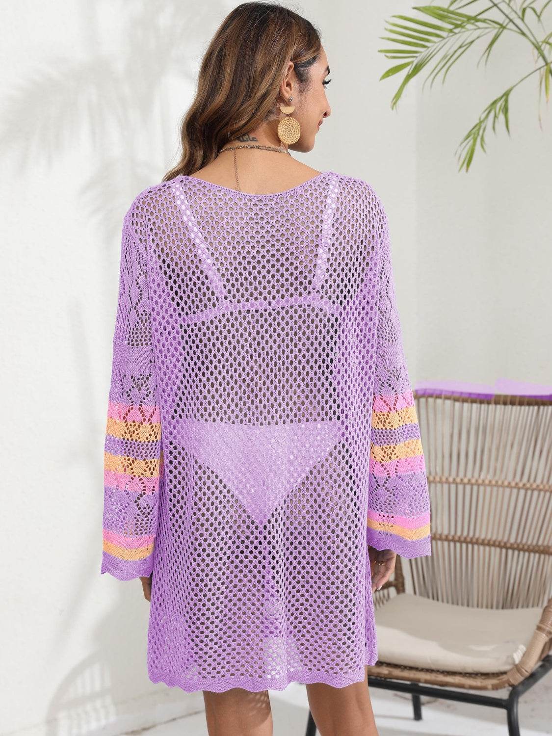 Openwork Contrast Long Sleeve Cover-Up - Hovatok