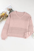 Openwork V-Neck Long Sleeve Sweater - Hovatok