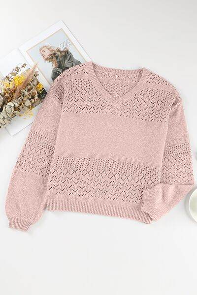 Openwork V-Neck Long Sleeve Sweater - Hovatok