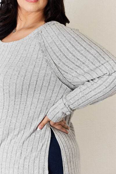 Basic Bae Full Size Ribbed Round Neck Slit T-Shirt - Hovatok