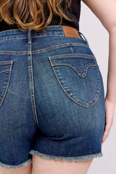Judy Blue Tummy Control Fray Hem & Shield Back Pockets Denim Shorts - Hovatok