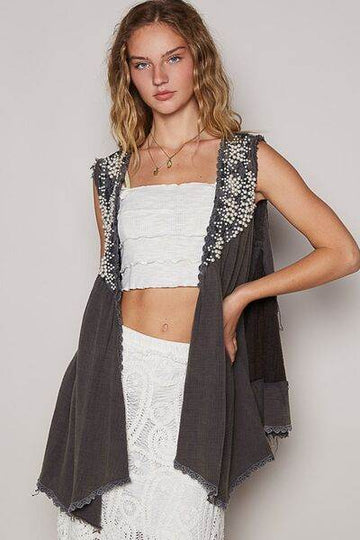 POL Embroidered Pearls Open Front Sleeveless Cardigan - Hovatok