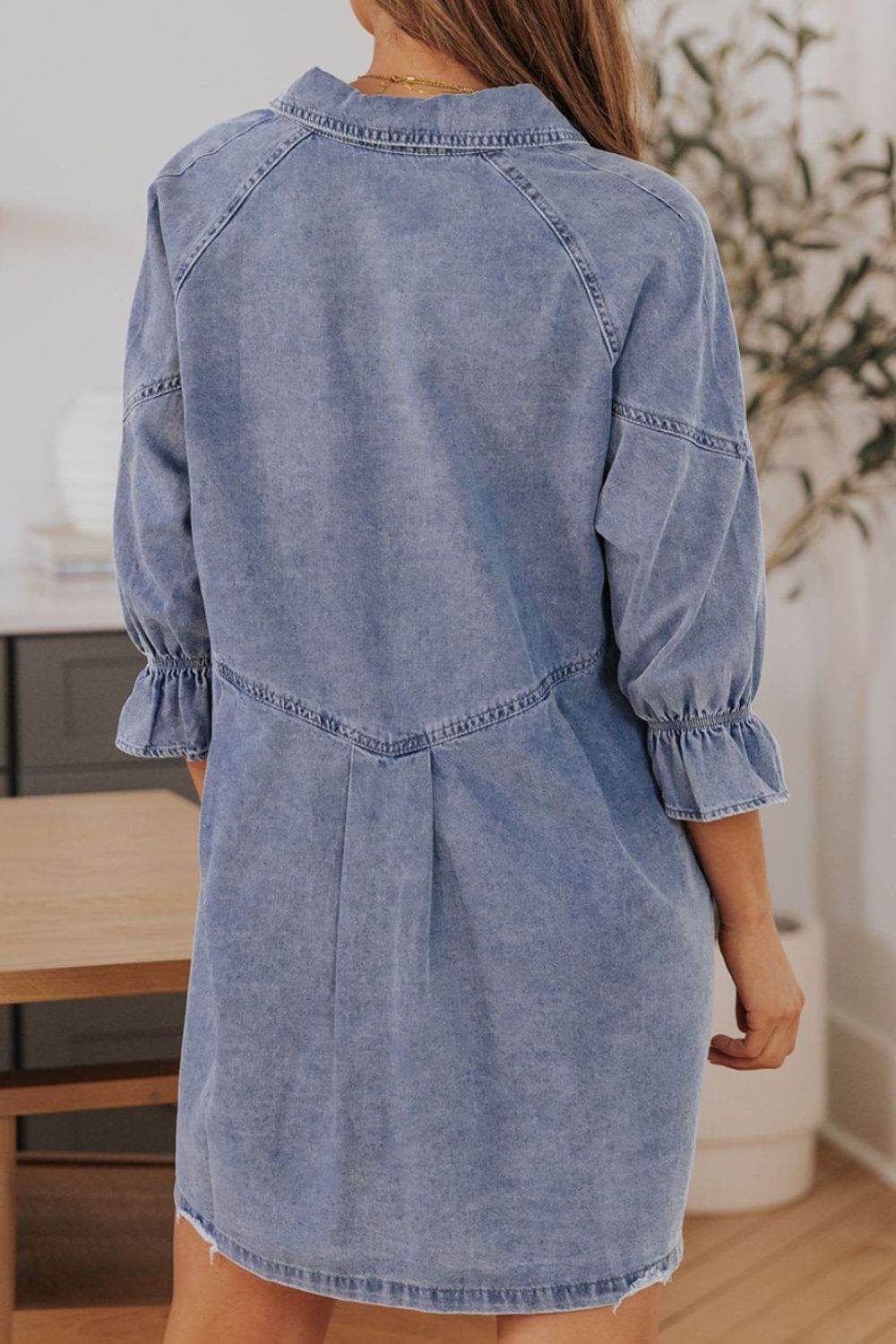 Distressed Collared Neck Flounce Sleeve Denim Dress - Hovatok