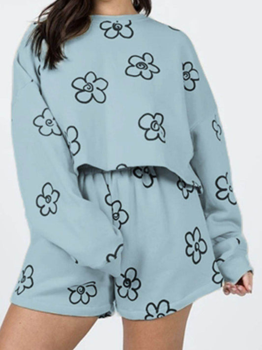 Floral Dropped Shoulder Sweatshirt and Shorts Set - Hovatok