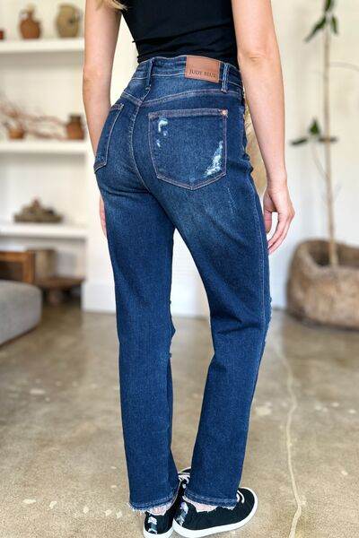 Judy Blue Full Size High Waist Rigid Magic Heavy Destroy Straight Jeans - Hovatok