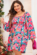 Plus Size Smocked Floral Square Neck Balloon Sleeve Dress - Hovatok