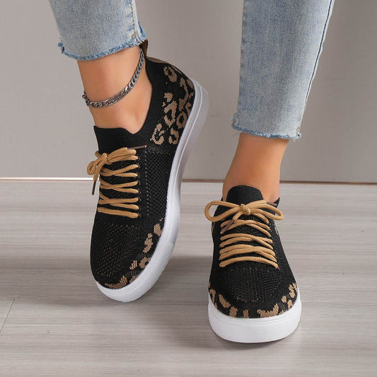 Lace-Up Leopard Flat Sneakers - Hovatok