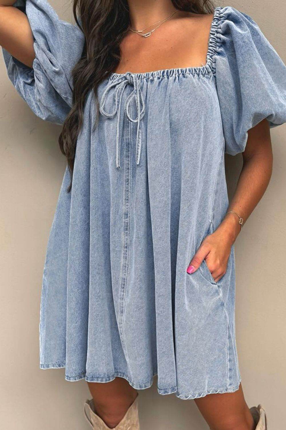 Bubble Sleeve Square Neck Denim Babydoll Dress - Hovatok