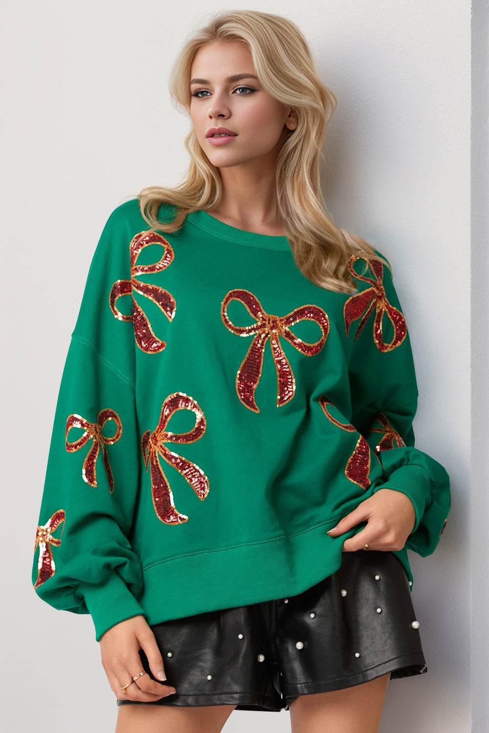 Double Take Christmas Bow Sequin Round Neck Dropped Shoulder Sweatshirt - Hovatok