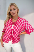 Double Take Tied Checkered Dropped Shoulder Flounce Sleeve Cardigan - Hovatok