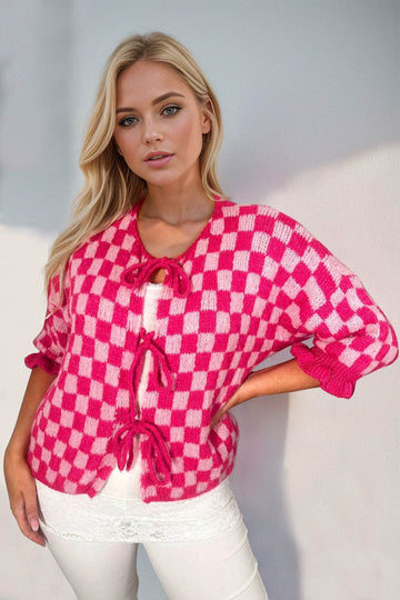 Double Take Tied Checkered Dropped Shoulder Flounce Sleeve Cardigan - Hovatok