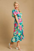 Umgee Full Size Tiered Floral Print Notched Puff Sleeve Midi Dress Plus Size - Hovatok
