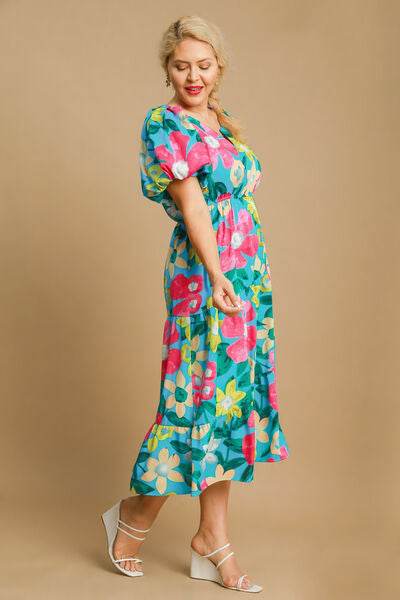 Umgee Full Size Tiered Floral Print Notched Puff Sleeve Midi Dress Plus Size - Hovatok