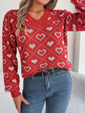 Heart Pattern V-Neck Long Sleeve Sweater - Hovatok